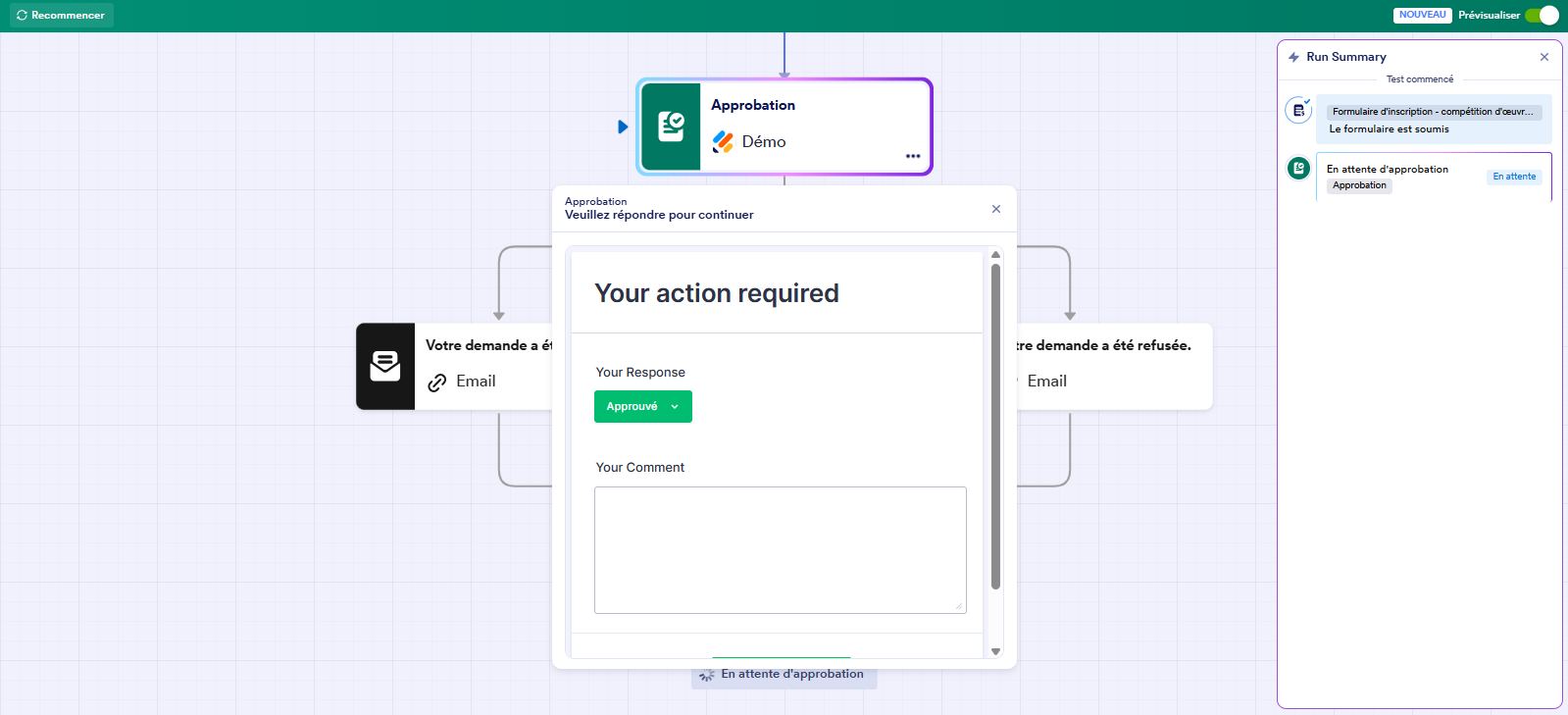 Capture d'écran de la fenêtre Résumé d'exécution dans le Générateur de flux de travail Jotform avec une fenêtre modale qui affiche Une action est requise