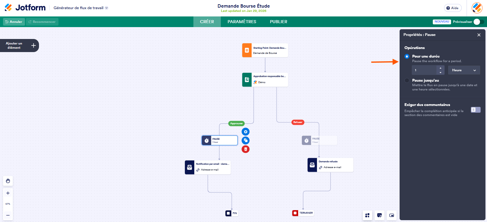 Capture d'écran d'un flux de travail avec une flèche vers l'option « Pour une durée » dans le volet Propriétés : Pause dans le Générateur de flux de travail Jotform