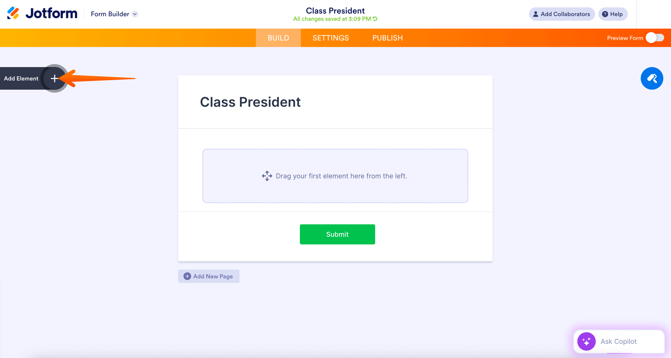 Jotform Form Builder interface with an empty form titled “Class President,” showing the Add Element button highlighted on the left sidebar