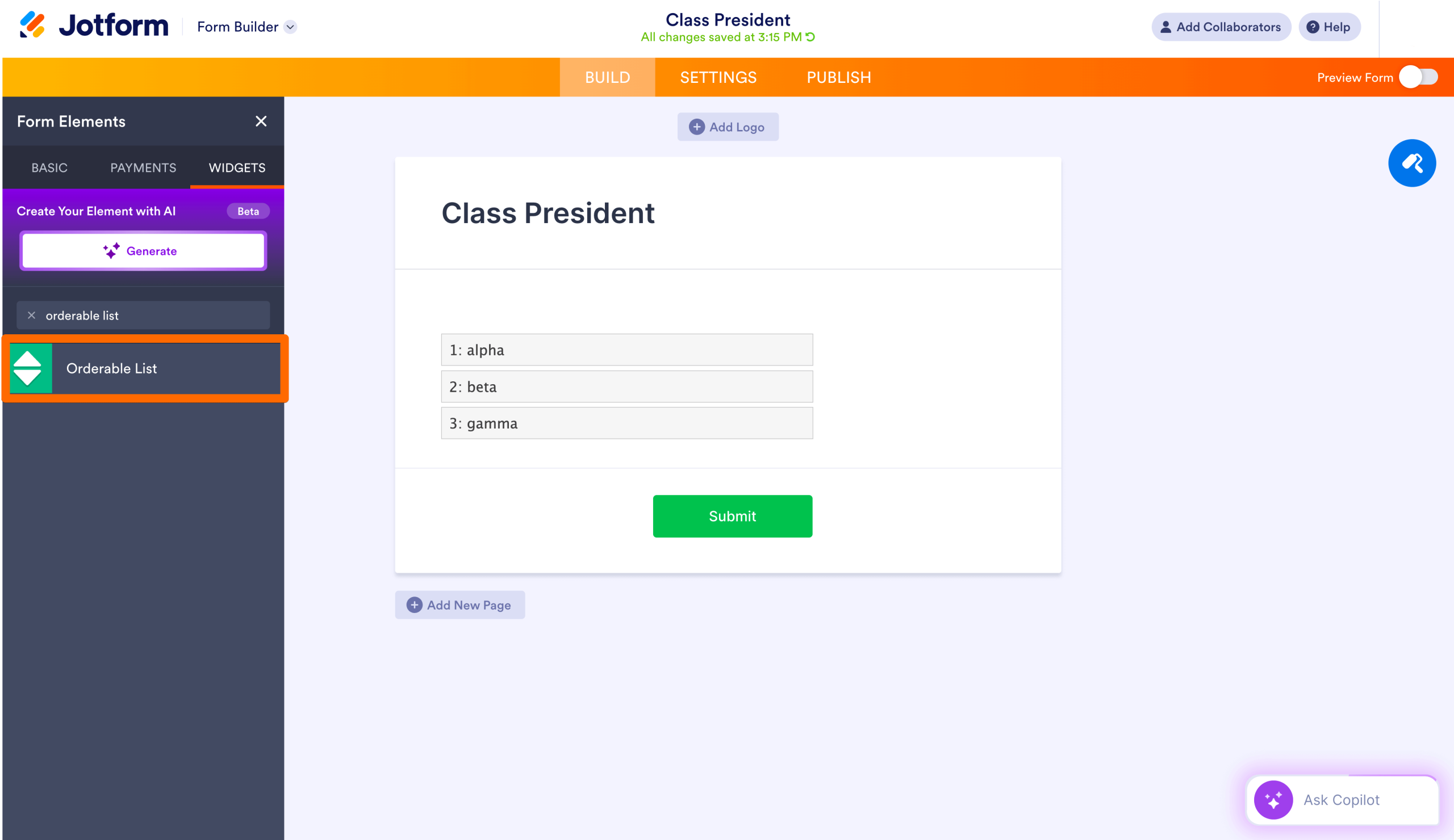 Jotform Form Builder with the Widgets panel open on the left; the Orderable List widget is highlighted, and a sample ranked list appears in the form preview