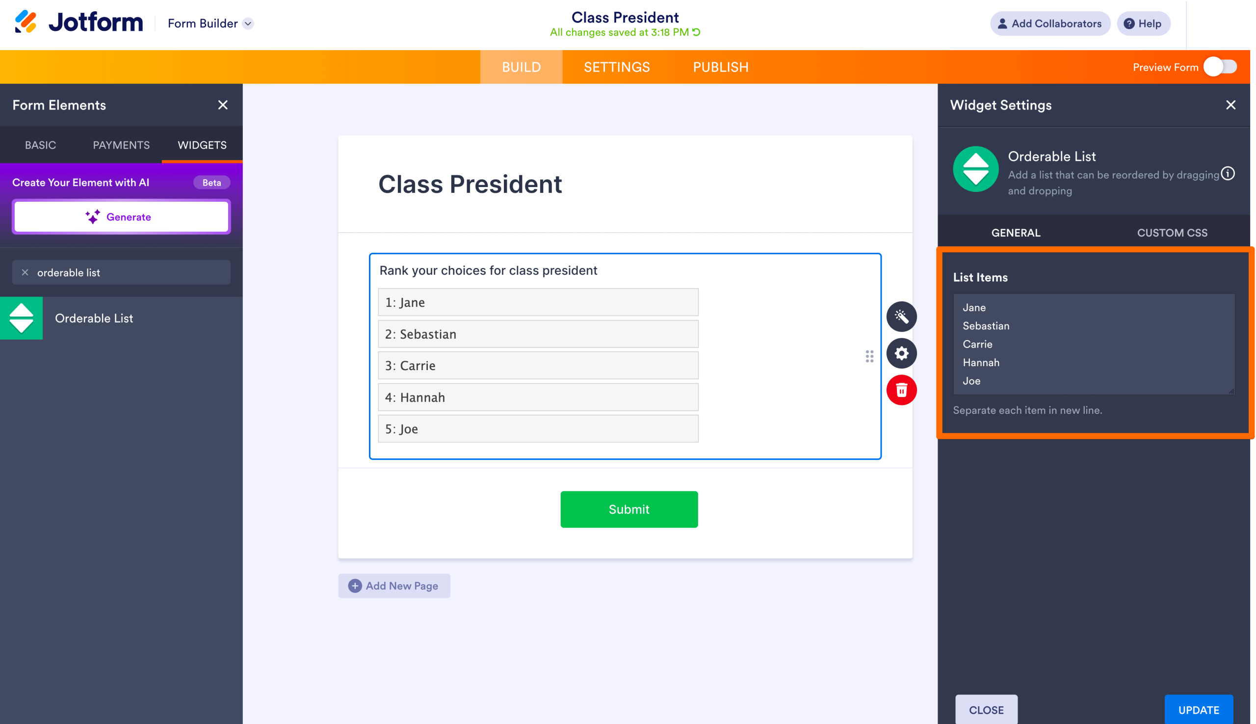 Jotform Form Builder displaying an Orderable List question titled “Class President,” with multiple options listed in ranking order and the Widget Settings panel open on the right showing the list items
