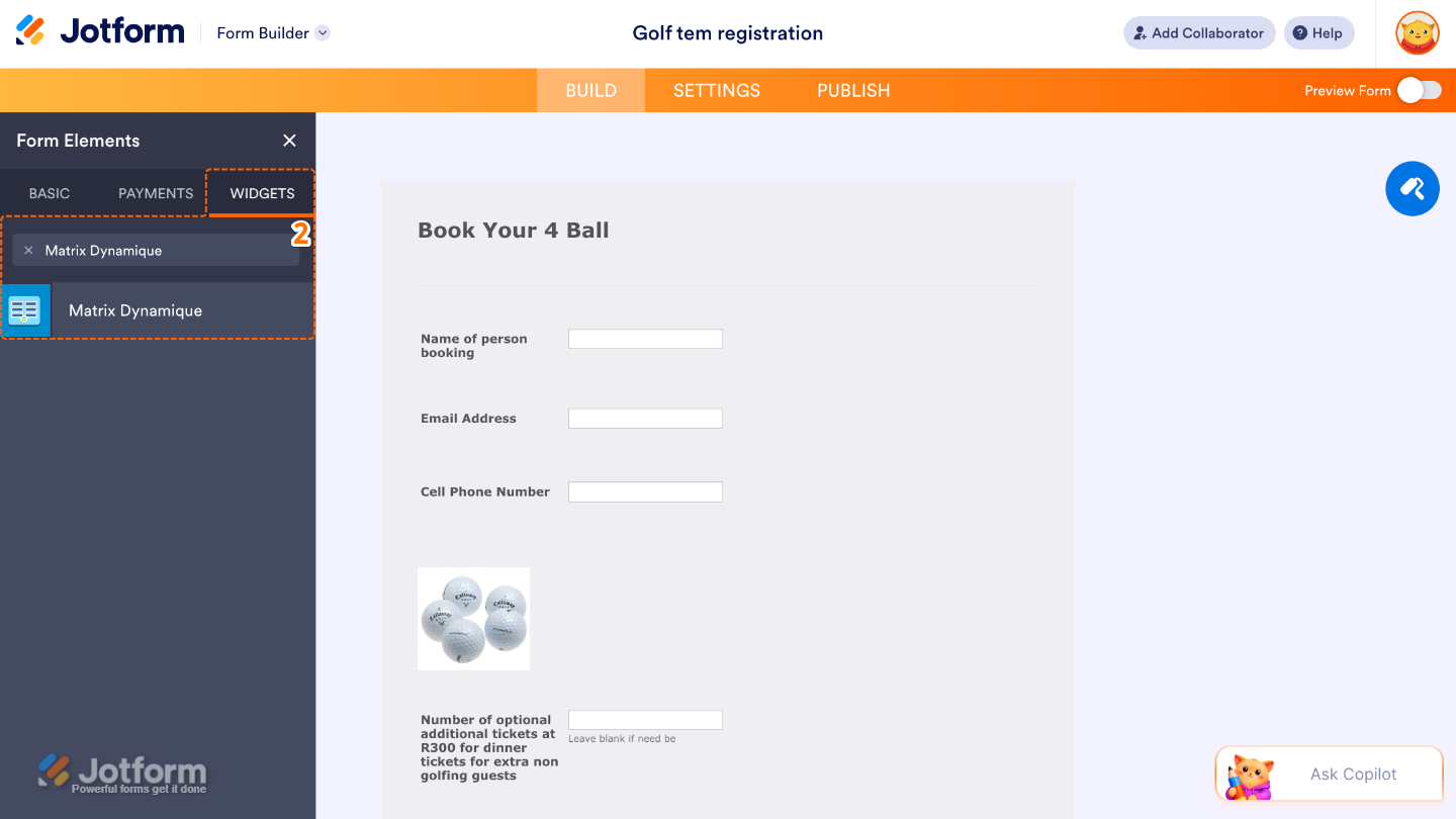 Form Elements menu under the Widgets tab showing the Matrix Dynamique widget being searched and selected