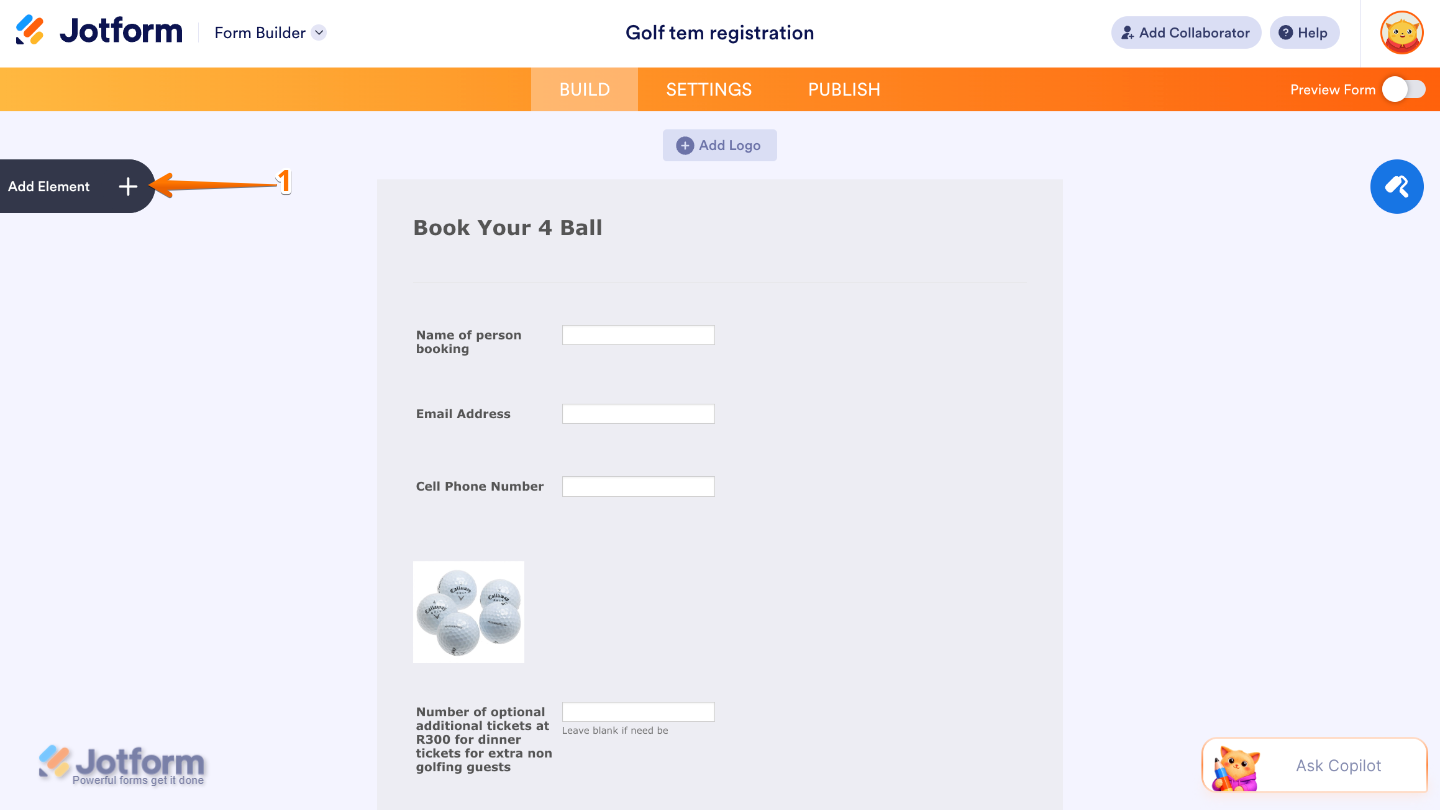 Form Builder interface showing the Add Element button on the left side of the page