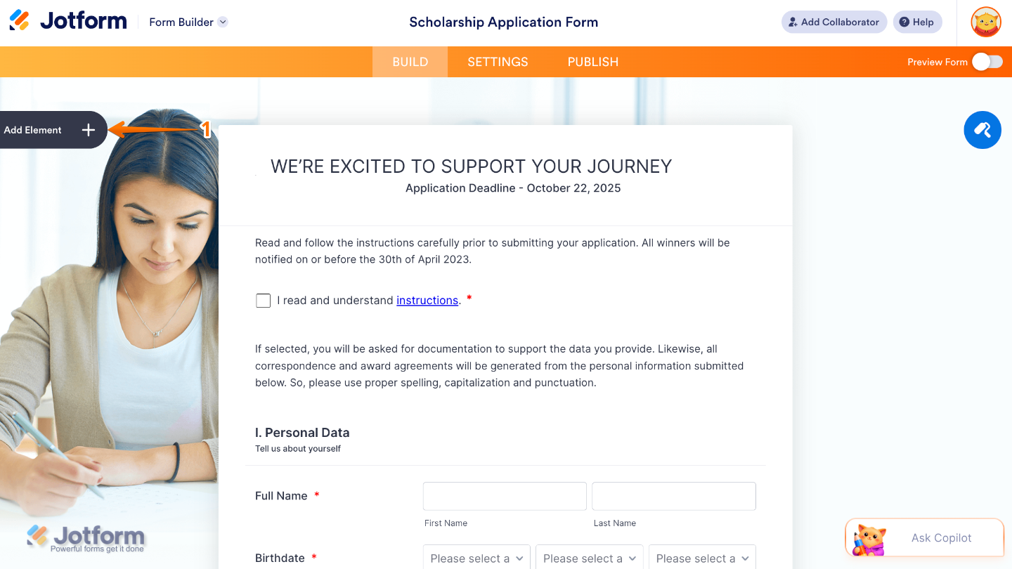 Form Builder interface showing the Add Element button on the left side of the page