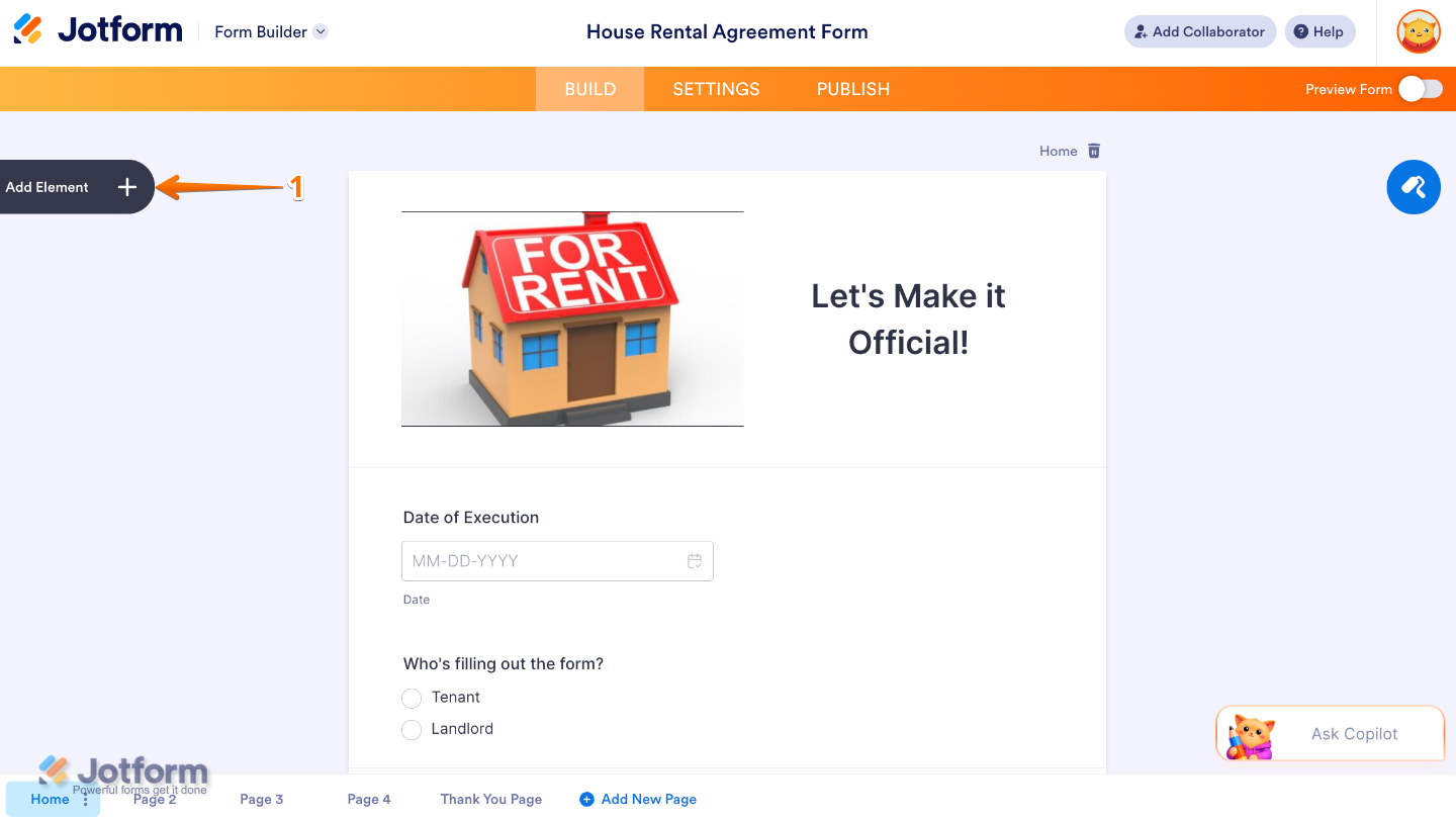 Form Builder interface showing the Add Element button on the left side of the page