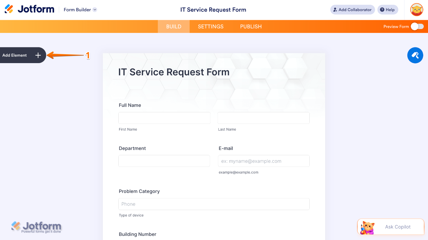 Form Builder interface showing the Add Element button on the left side of the page