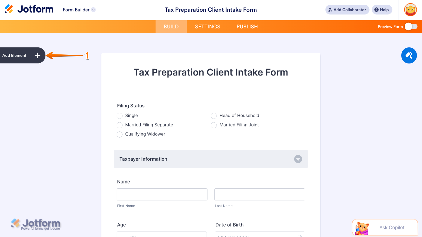 Form Builder interface showing the Add Element button on the left side of the page