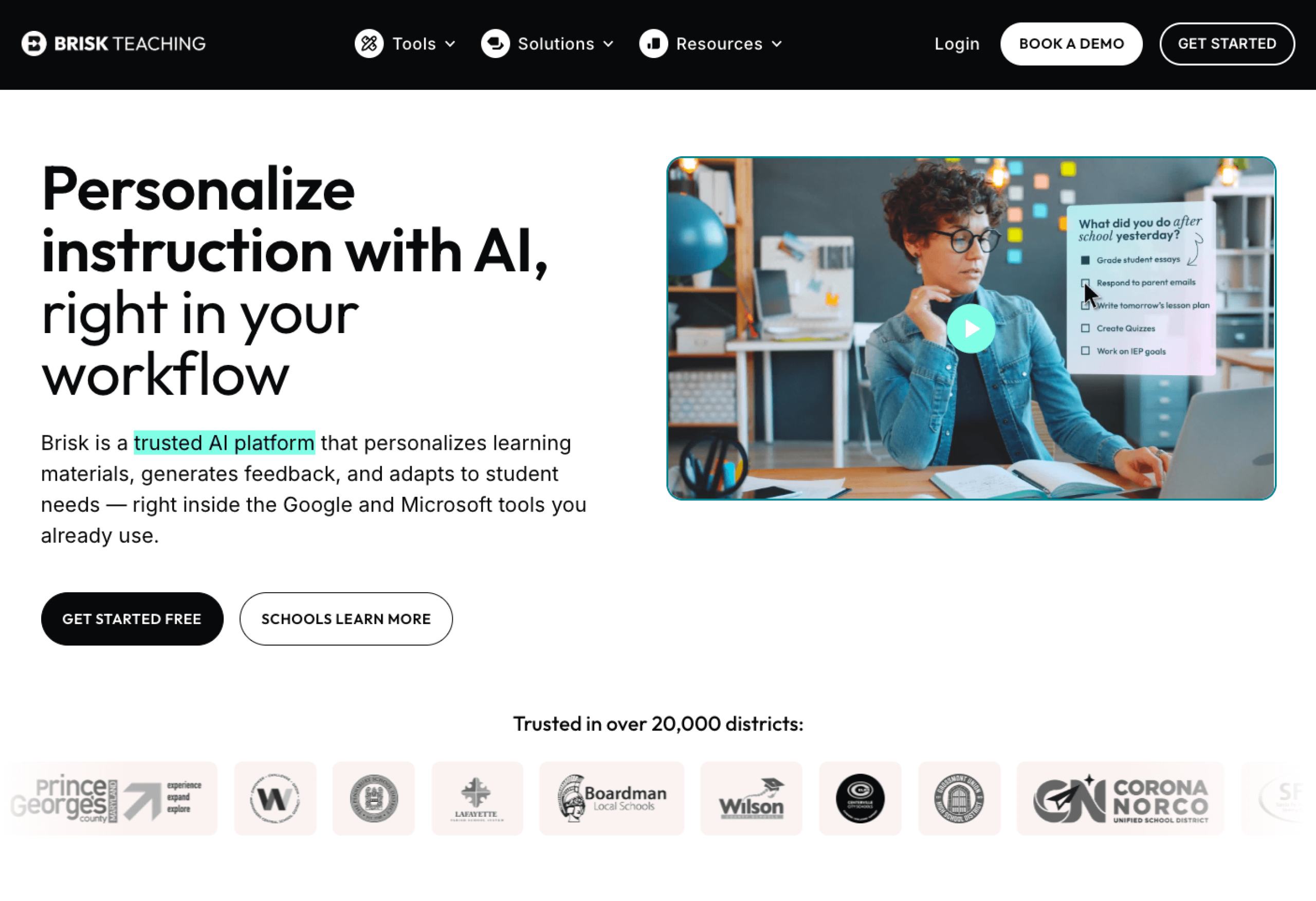 Screenshot of Brisk Teaching landing page