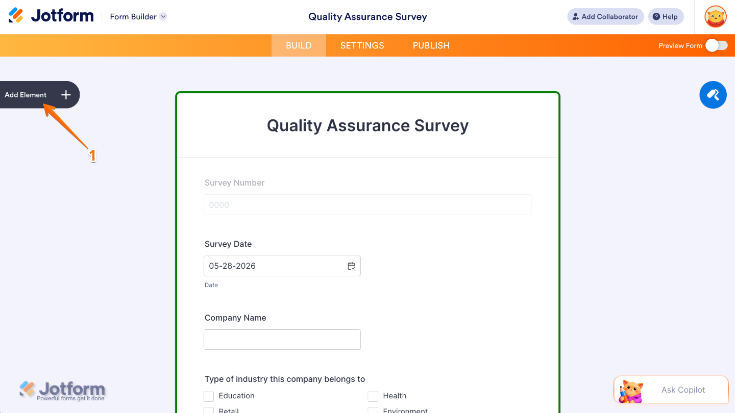Form Builder interface showing the Add Element button on the left side of the page