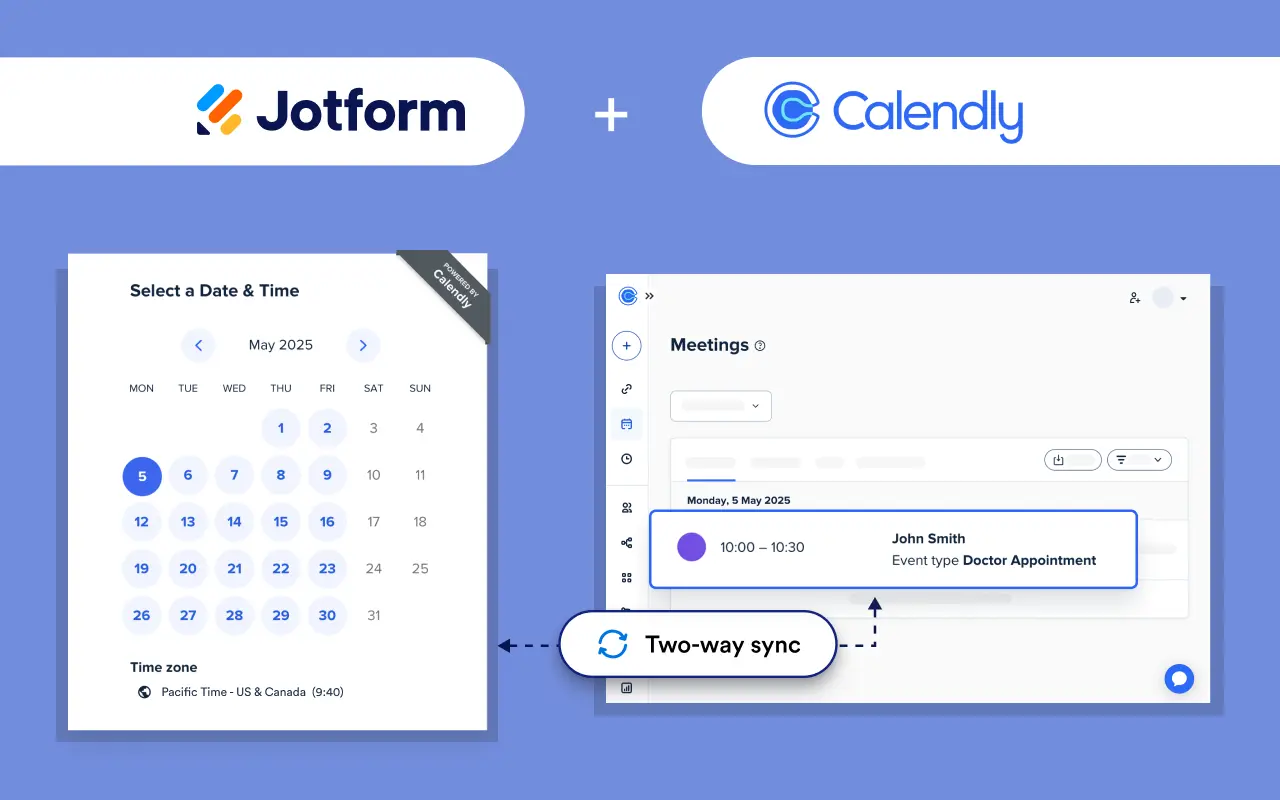 Jotform date and time selection screen next to a Calendly schedule, showing a meeting created from the selected time