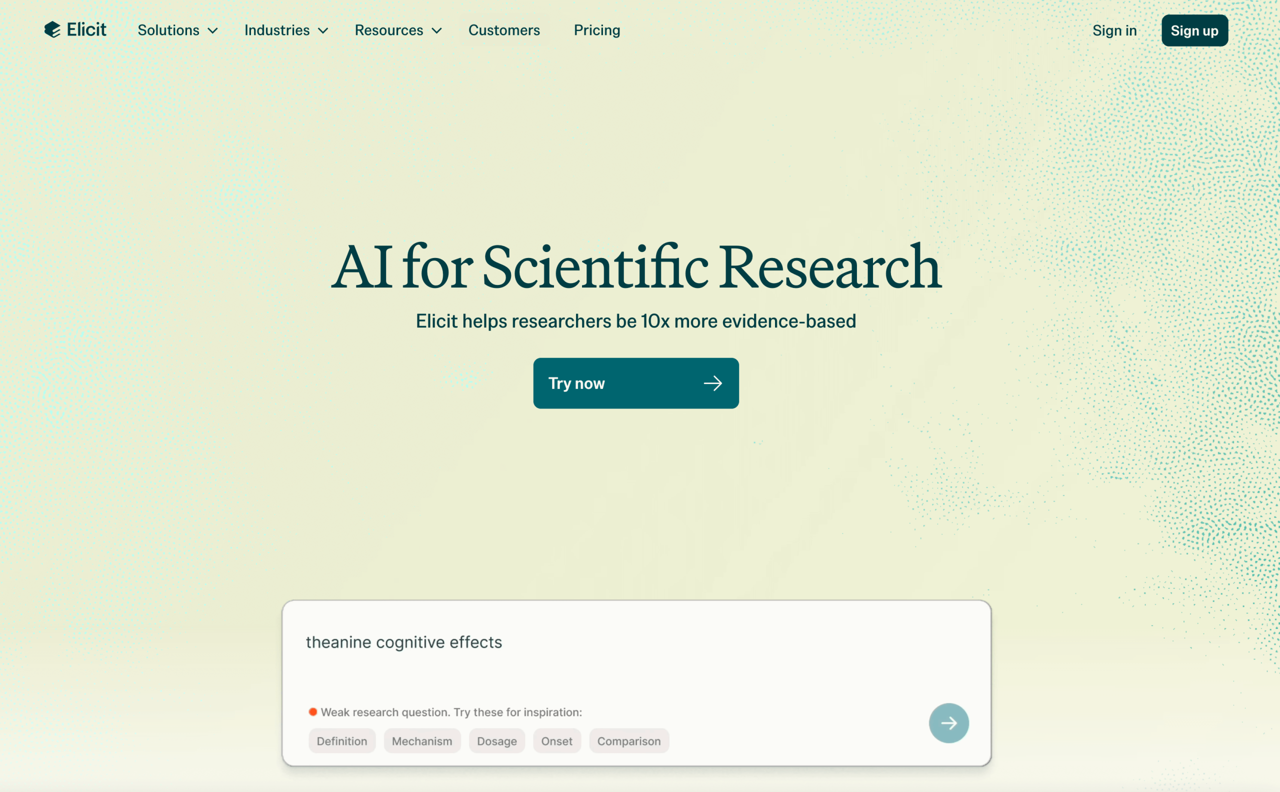 Screenshot of Elicit's landing page titled “AI for Scientific Research,” with a light green header and navigation bar at the top