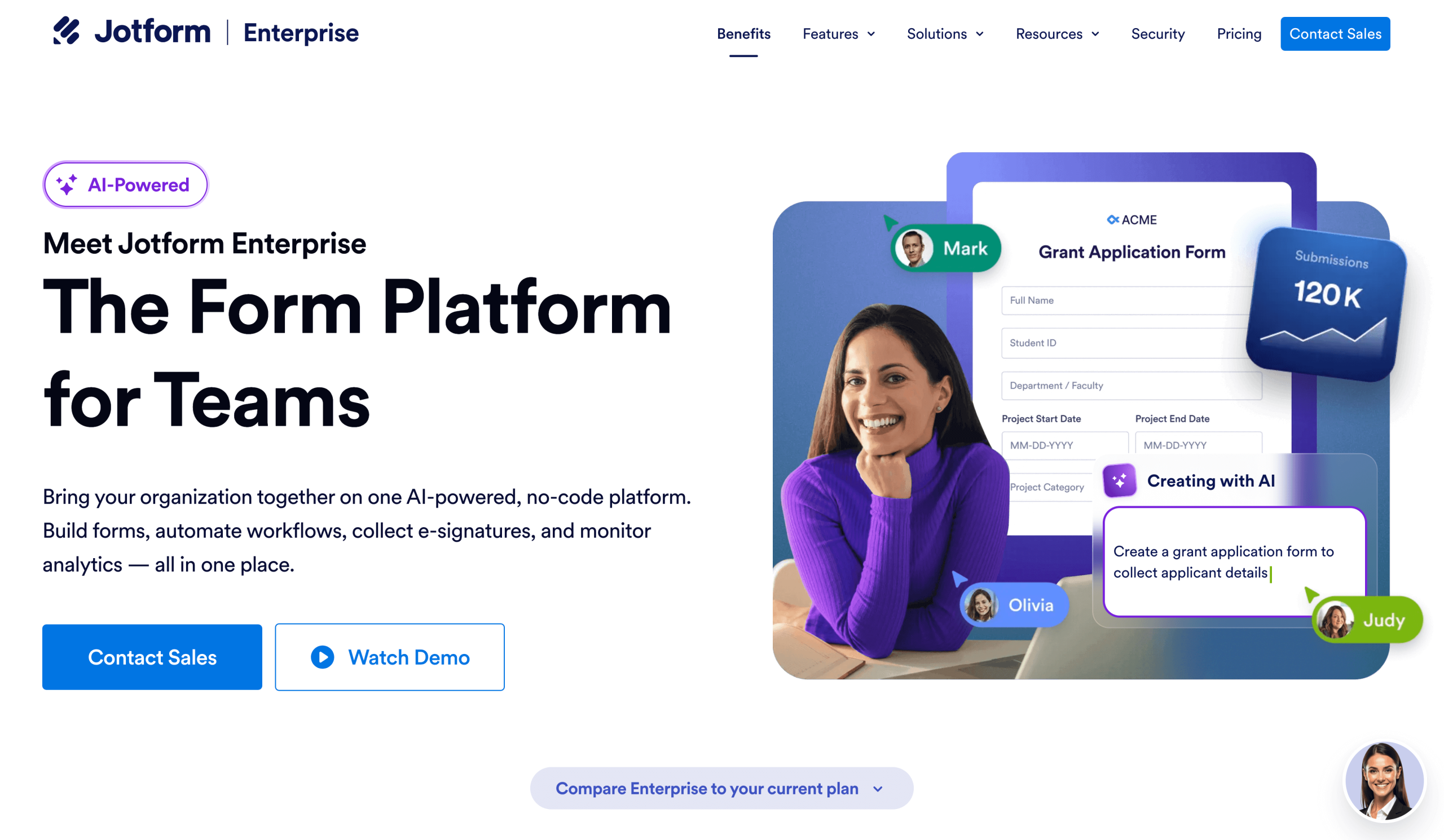 Screenshot of Jotform Enterprise landing page