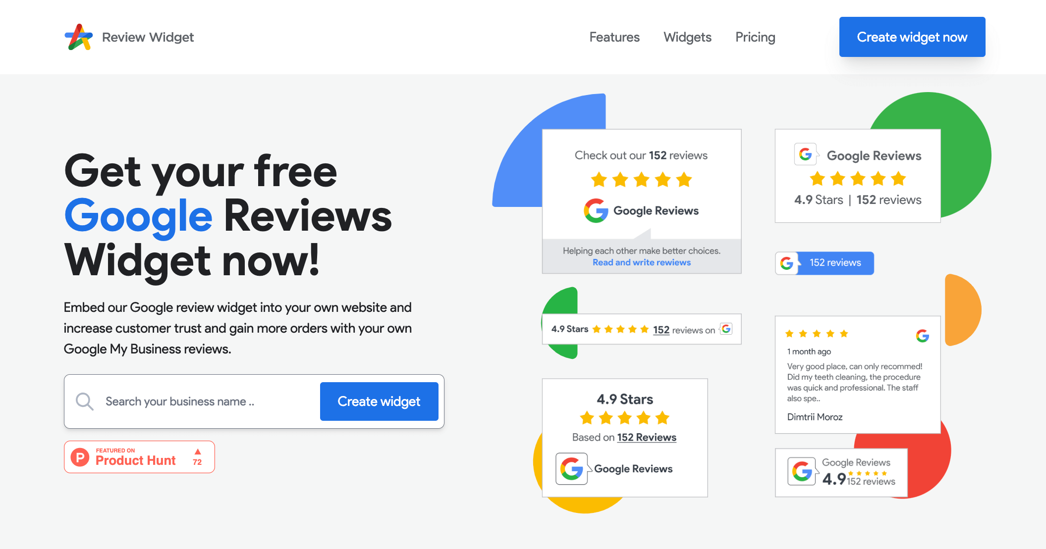 Screenshot of Review Widget landing page