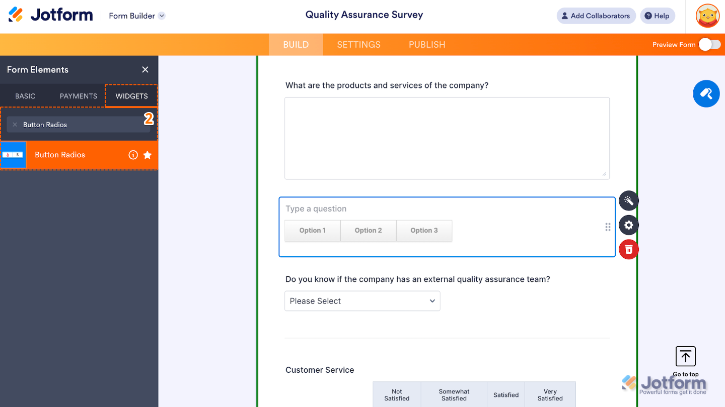 Form Elements menu under the Widgets tab showing the Button Radios widget being searched and selected