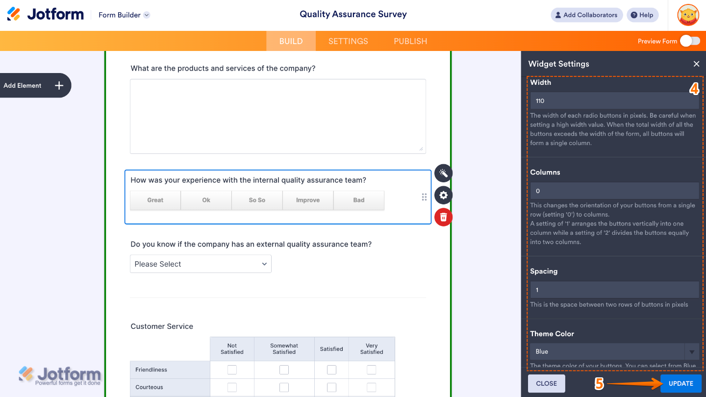 Button Radios widget settings scrolled to the bottom, showing Width, Columns, Spacing, and Theme Color options, with the Update button to save changes
