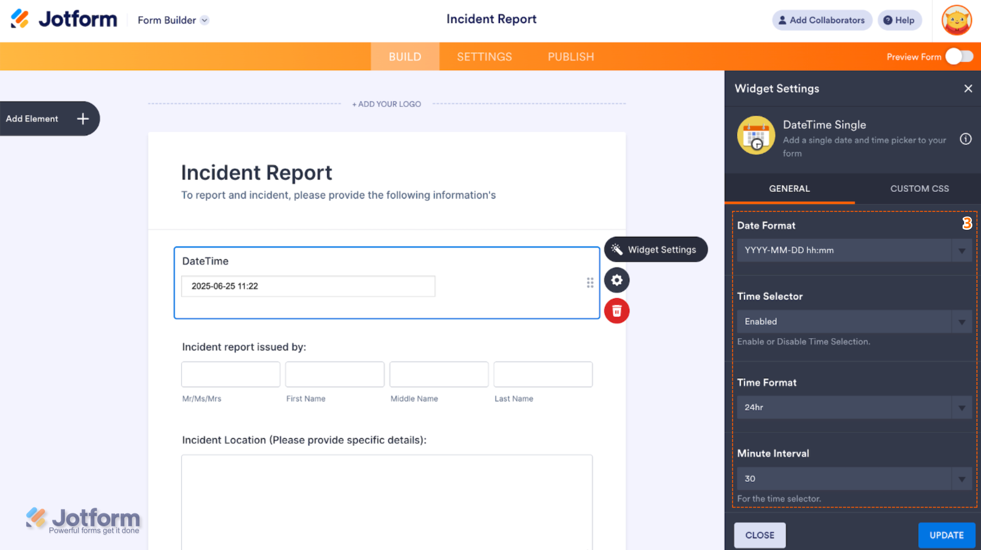 The Widget Settings window opens on the right side of the Form Builder under the General tab, showing DateTime Single configuration options