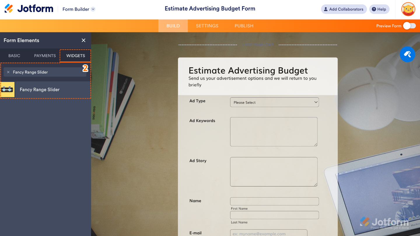 Form Elements menu under the Widgets tab showing the Fancy Range Slider widget being searched and selected