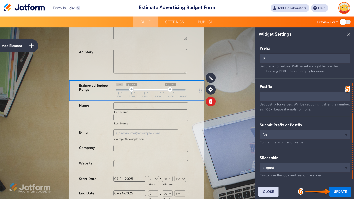 Fancy Range Slider widget settings scrolled to the bottom, showing Postfix, Submit Prefix or Postfix, and Slider Skin options, with the Update button to save changes