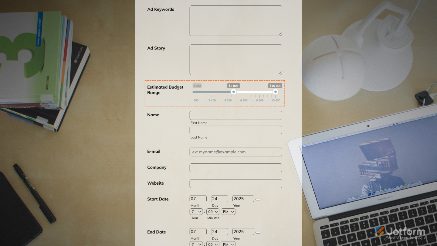 Fancy Range Slider widget successfully added to a form, allowing users to select a single value or a range using one or two slider handles, with a demo form available