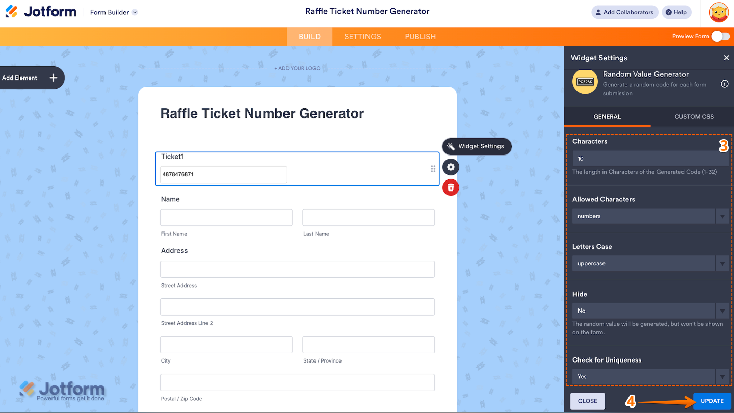 Form Builder interface showing the Random Value Generator Widget Settings window with configuration options and the Update button