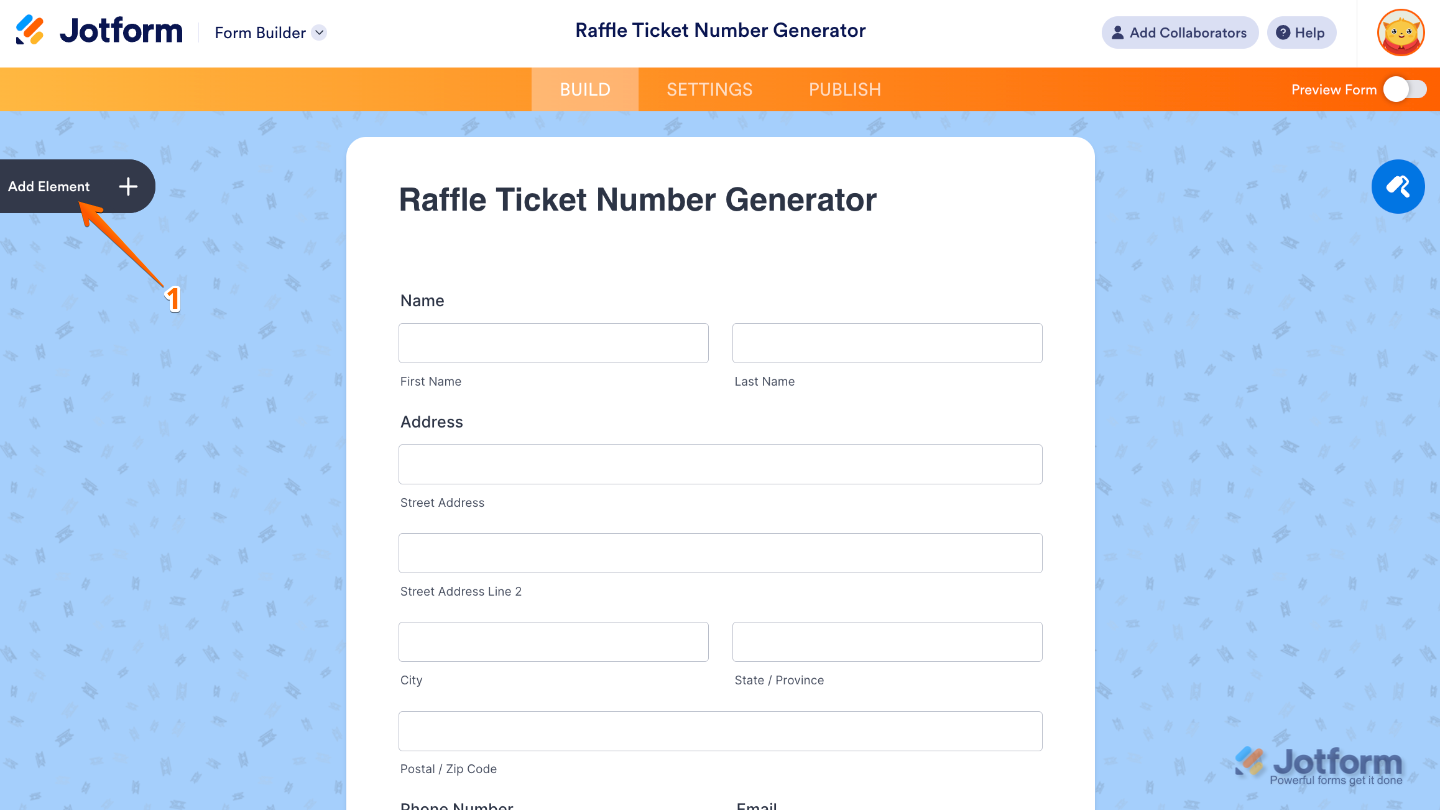 Form Builder interface showing the Add Element button on the left side of the page