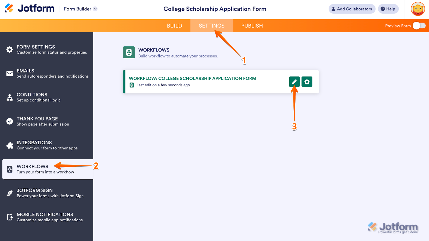 Form Builder Settings page showing the Workflows menu on the left and a workflow with the Pencil icon selected for editing