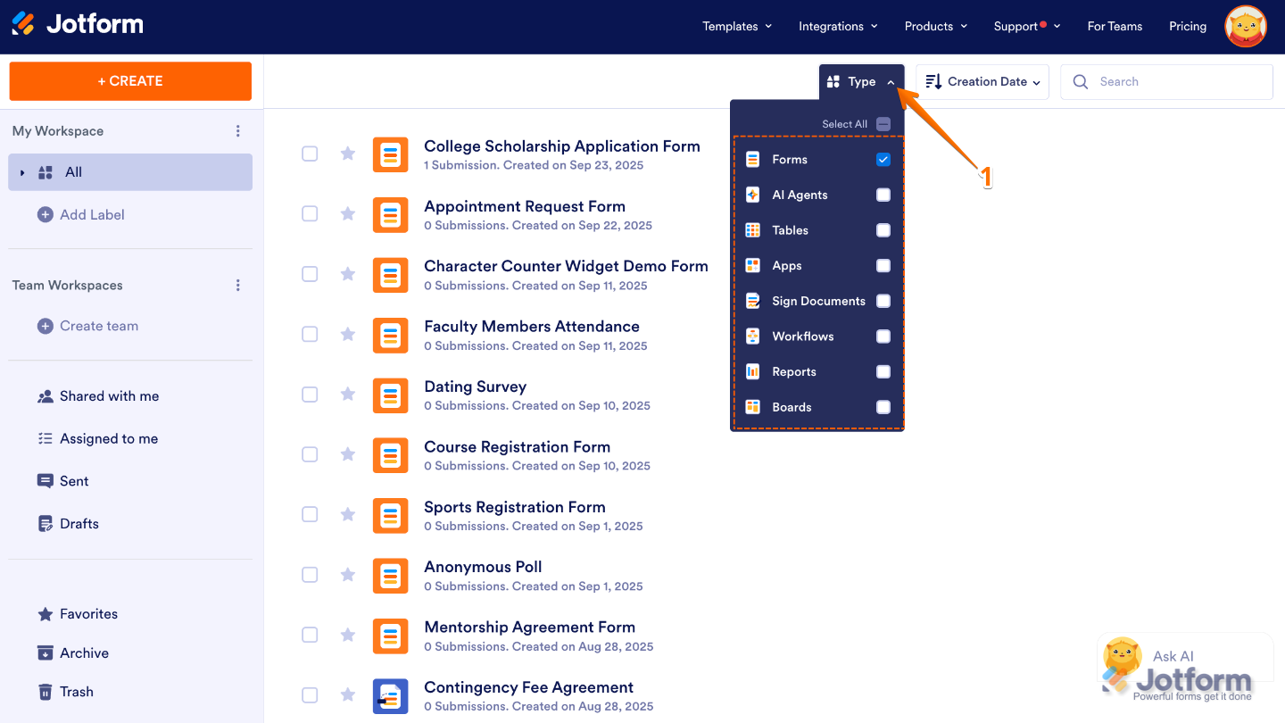 Workspace page with the Type filter dropdown open, showing only the Forms option checked while other asset types are unchecked
