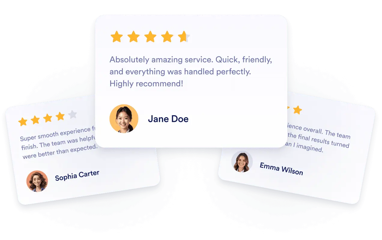 Illustration of three overlapping Google review cards showing five-star ratings, short review quotes, and reviewer names with profile photos