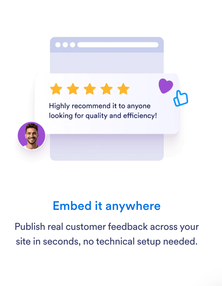 Illustration of a customer review widget embedded on a website with a five-star rating and reaction icon