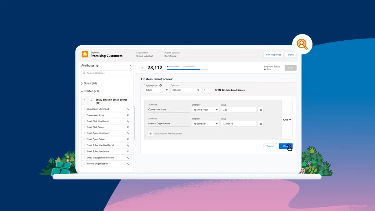 Salesforce Marketing Cloud interface showing AI-driven audience segmentation and predictive scoring, with filters for engagement and conversion signals used to personalize campaigns at scale
