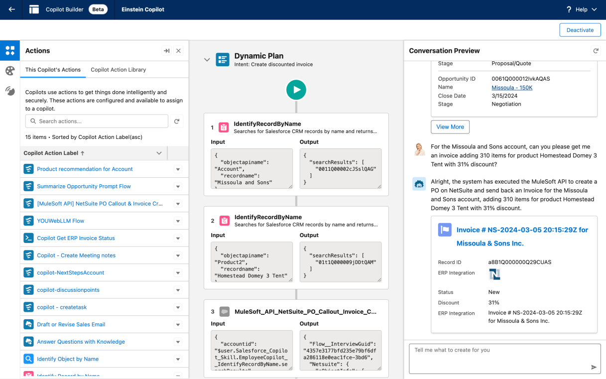 Screenshot of Salesforce Einstein 1 Studio showing an Agentforce Builder workspace with action lists, a dynamic workflow, and a conversation preview creating a discounted invoice