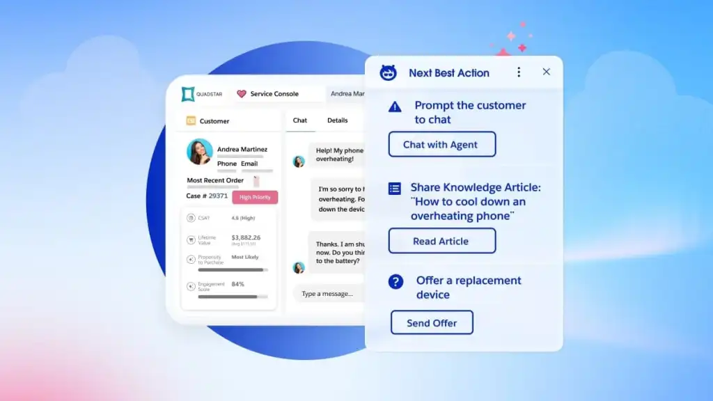 Salesforce Service Cloud console displaying an AI-assisted support workflow with customer case details, chat interface, and “Next Best Action” suggestions such as knowledge articles, agent chat, and replacement offers