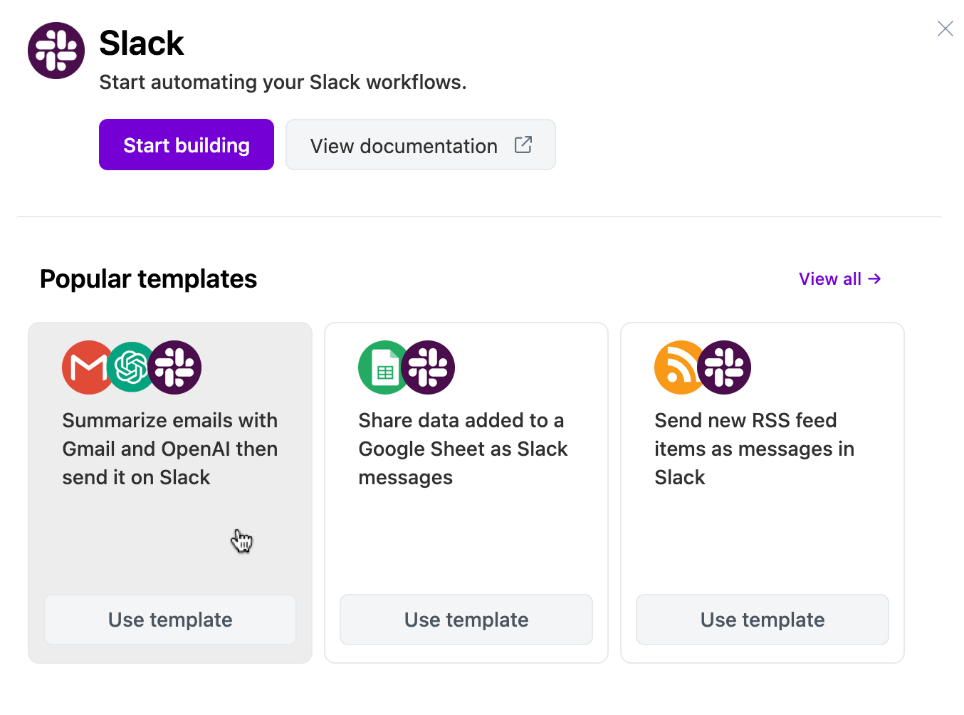 Make setup screen showing possible templates to use to automate Slack workflows