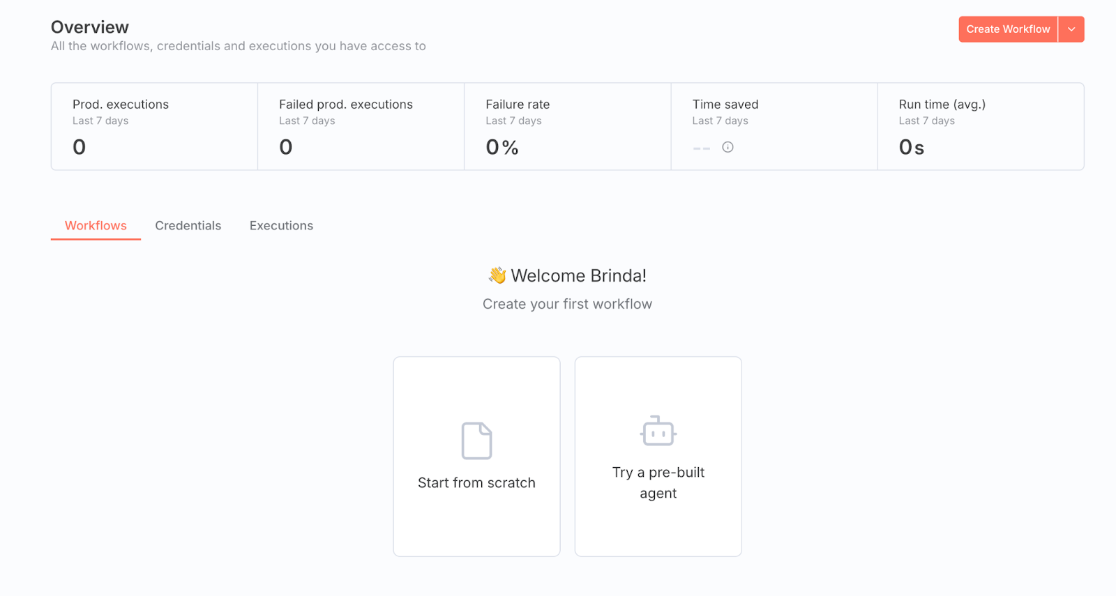 n8n interface showing the overview welcome screen