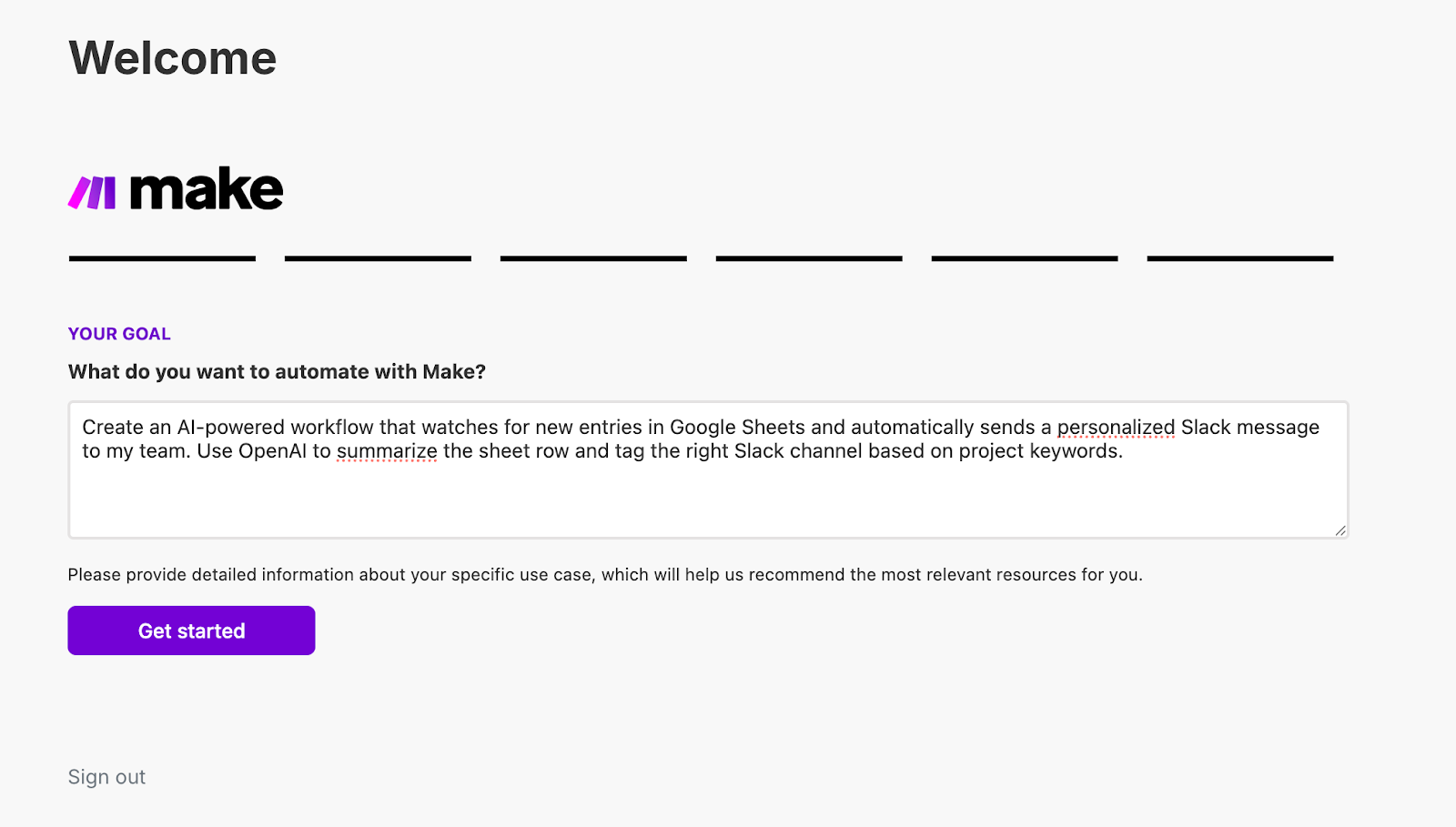 Make setup screen showing a prompt box where you can tell the AI what you want to automate with Make