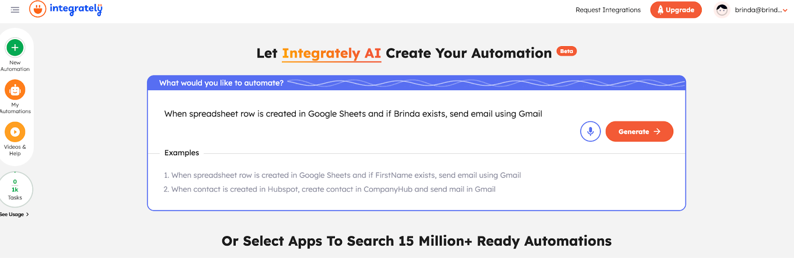Integrately setup screen showing a prompt box where you can enter what you would like to automate