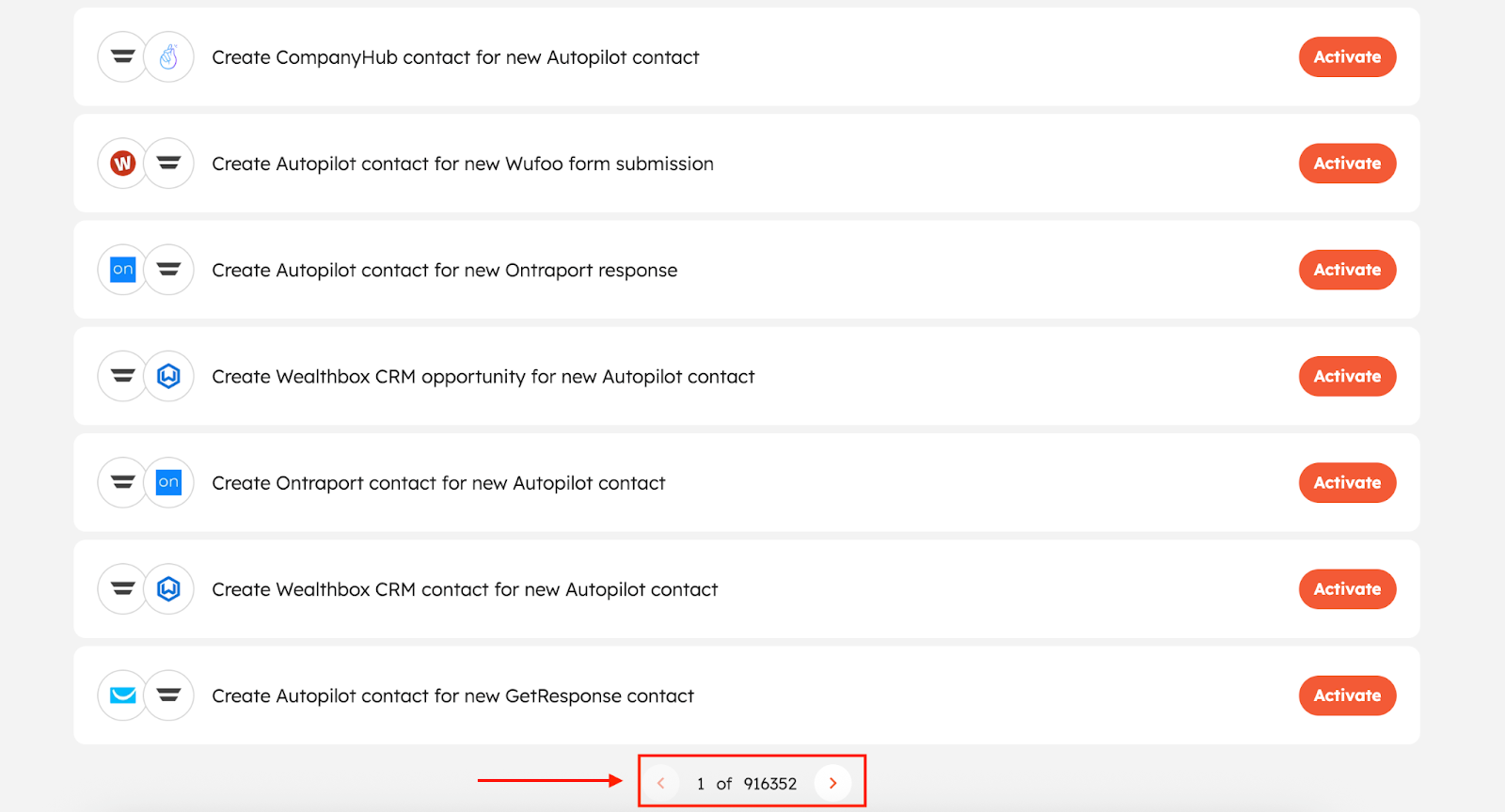 Integrately setup screen showing a list of example automations