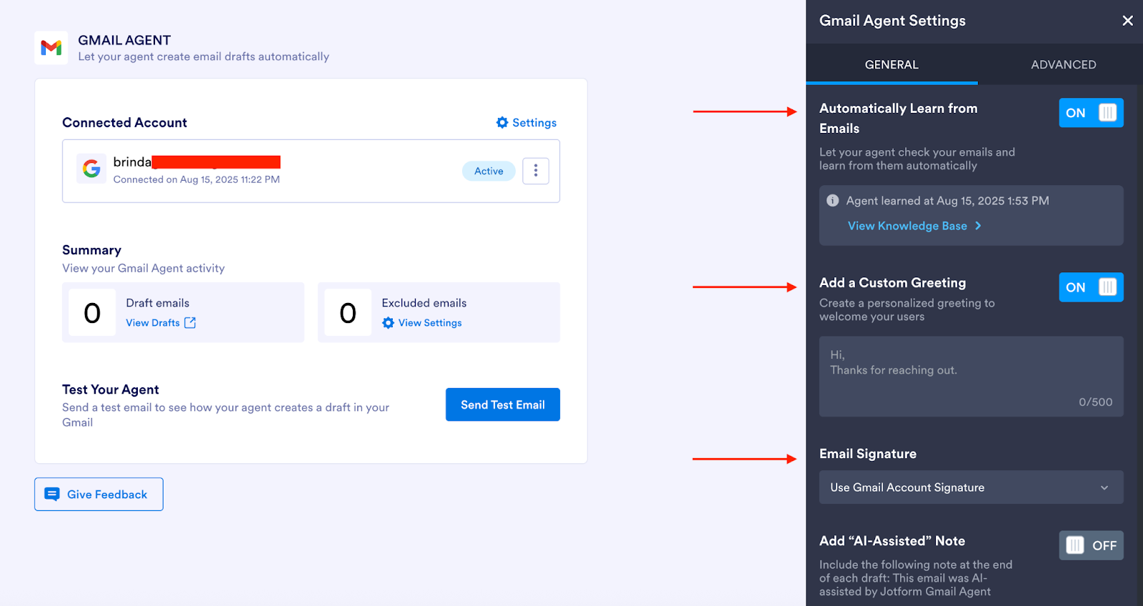 Jotform Gmail Agent interface showing the options to automatically learn from emails, add a custom greeting, and add an email signature