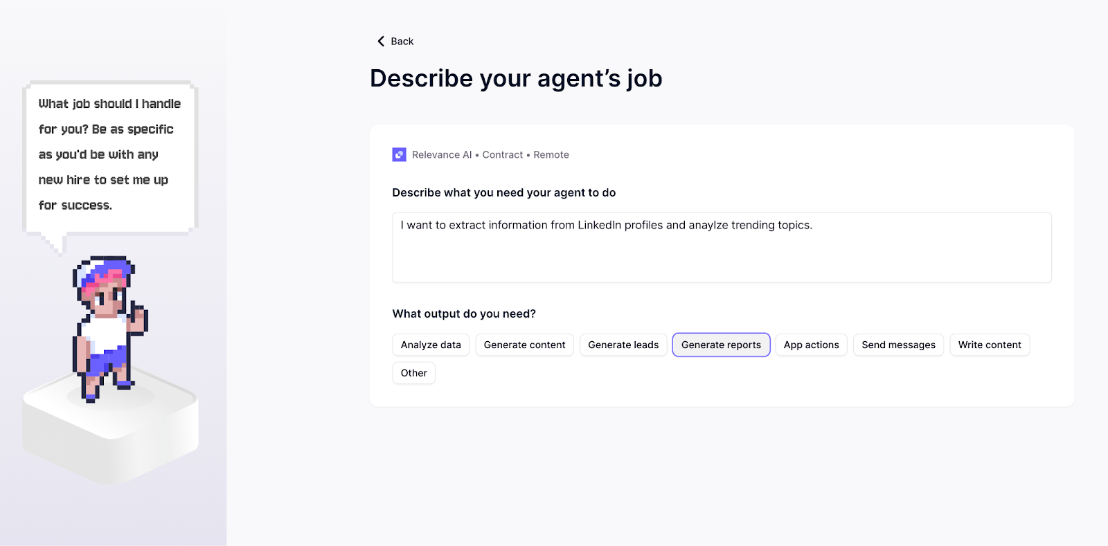Integrately setup screen showing a prompt box where you can describe what you need your agent to do