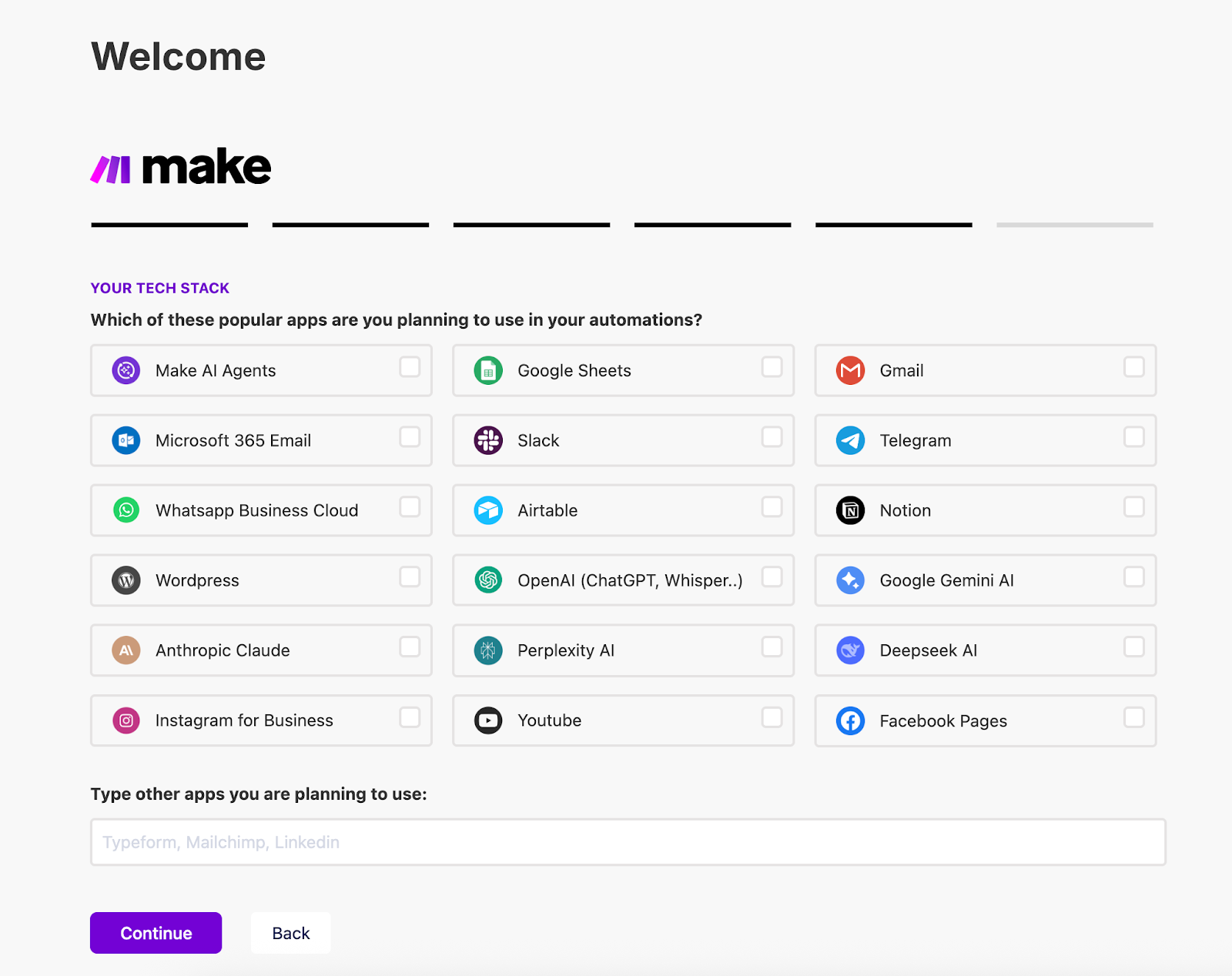 Make setup screen showing a list of possible technology integrations