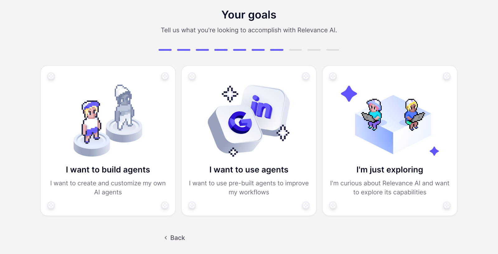 Relevance AI setup screen showing three automation goals to choose from
