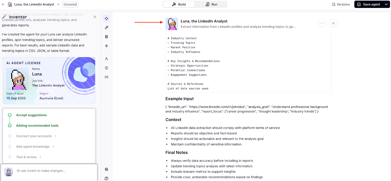 Integrately setup screen showing an example LinkedIn analyst automation