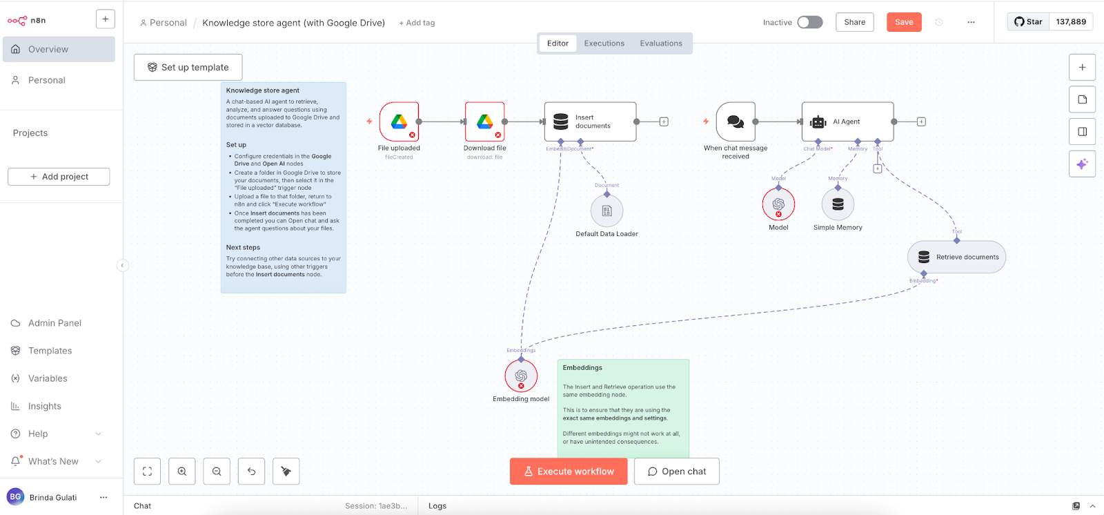 n8n interface showing an editable automation flow
