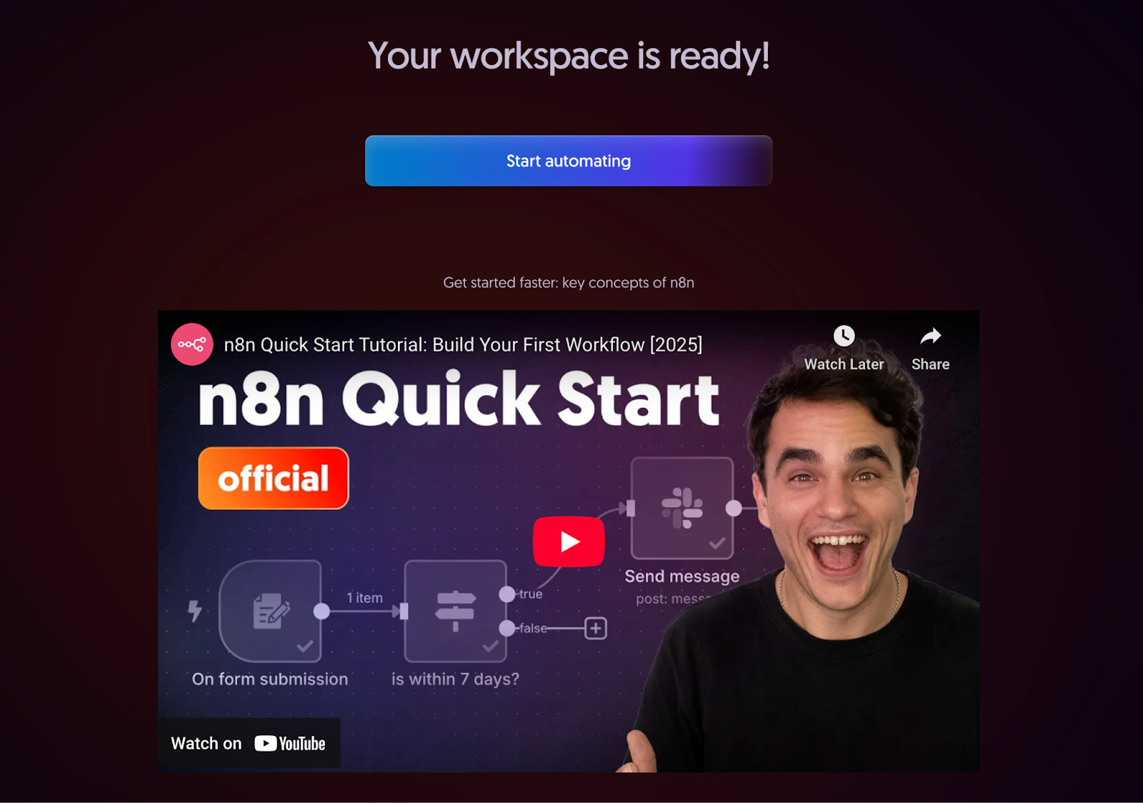 n8n website page showing the quick start tutorial