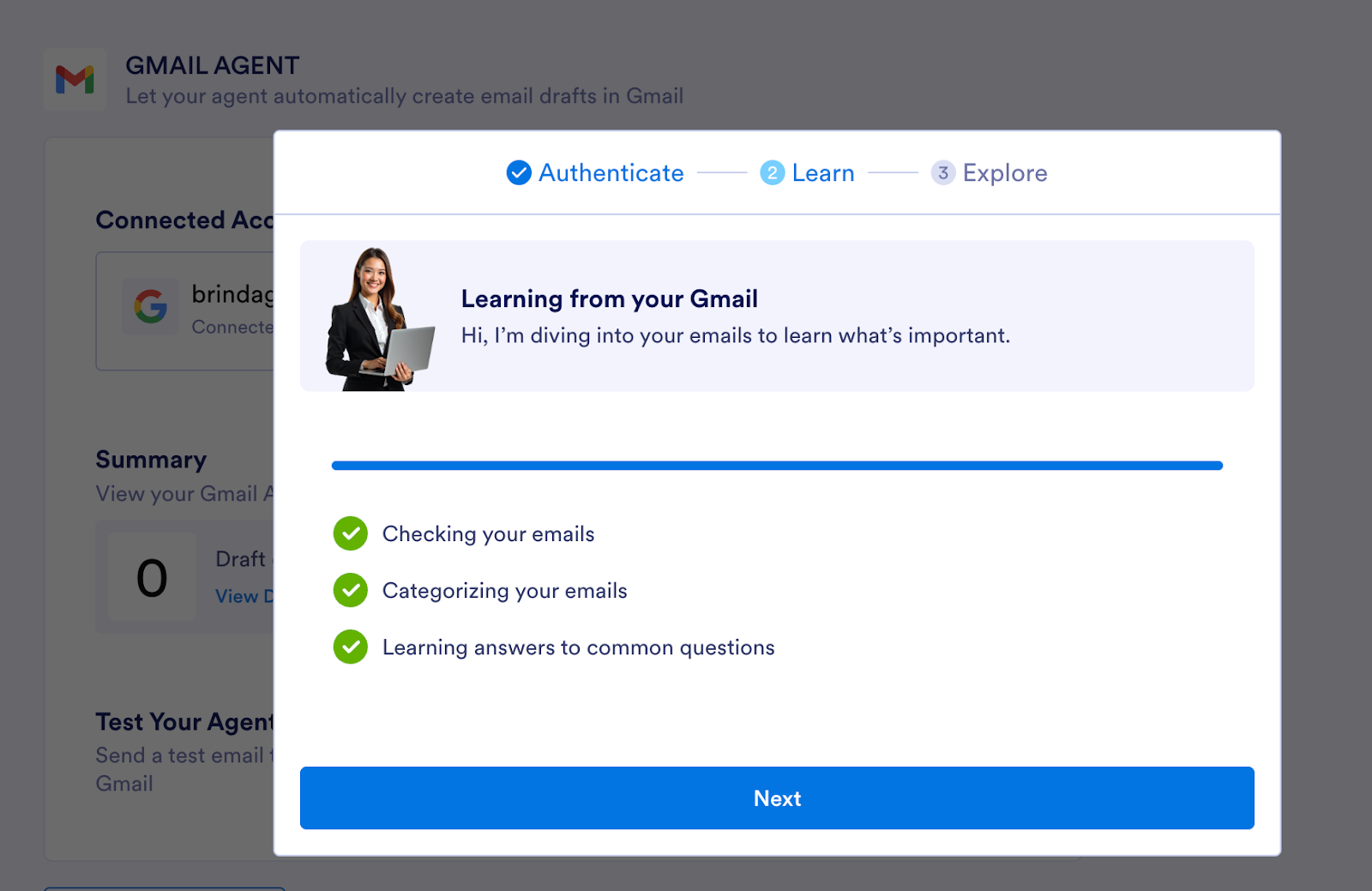 Jotform Gmail Agent setup page showing the AI agent learning from the user's inbox