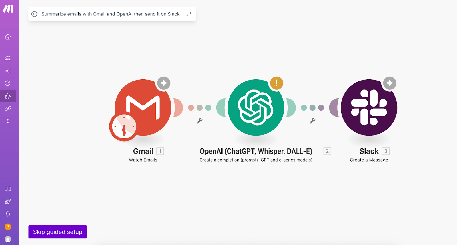 Make interface showing an automation between Gmail, OpenAI, and Slack