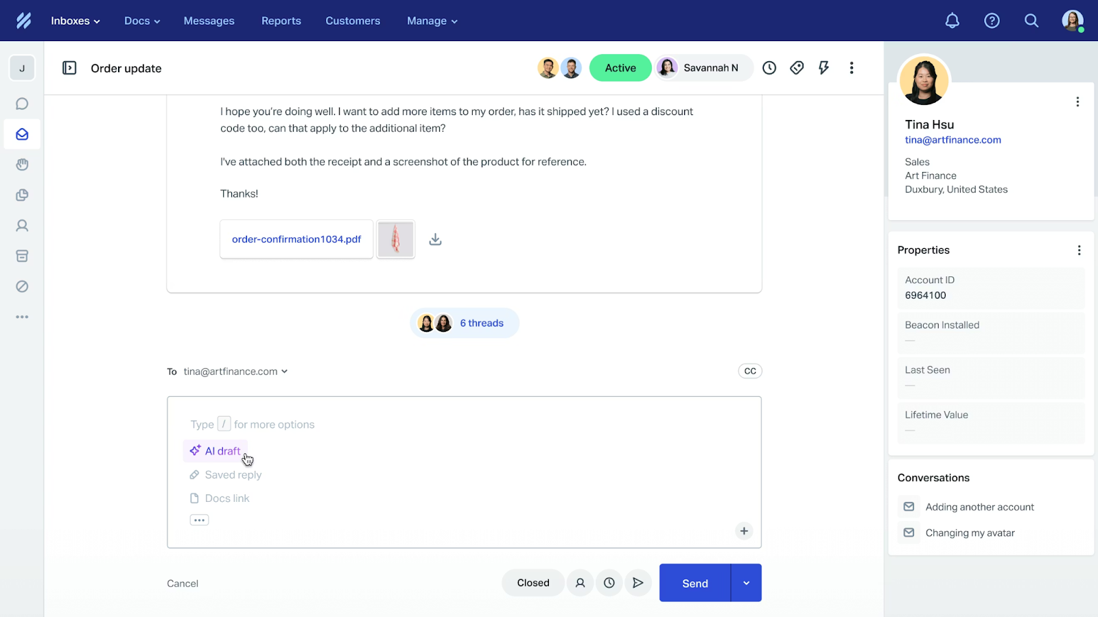 Help Scout support platform showing a collaborative inbox with customer conversations, internal notes, and tools for replying to and managing support tickets