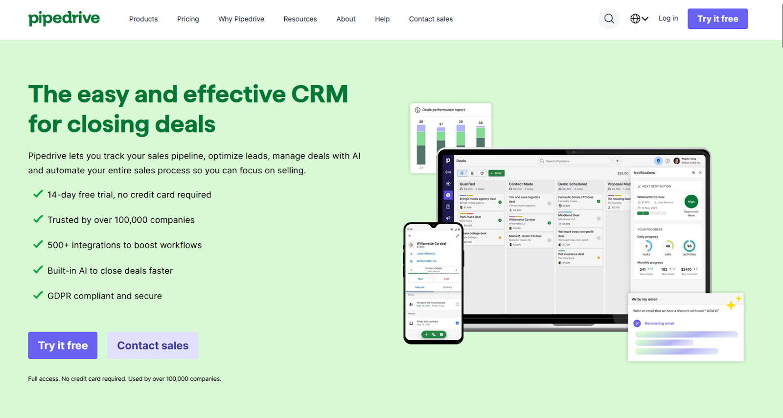 Screenshot of the Pipedrive homepage, featuring sample images of the user interface and a link to start a free trial