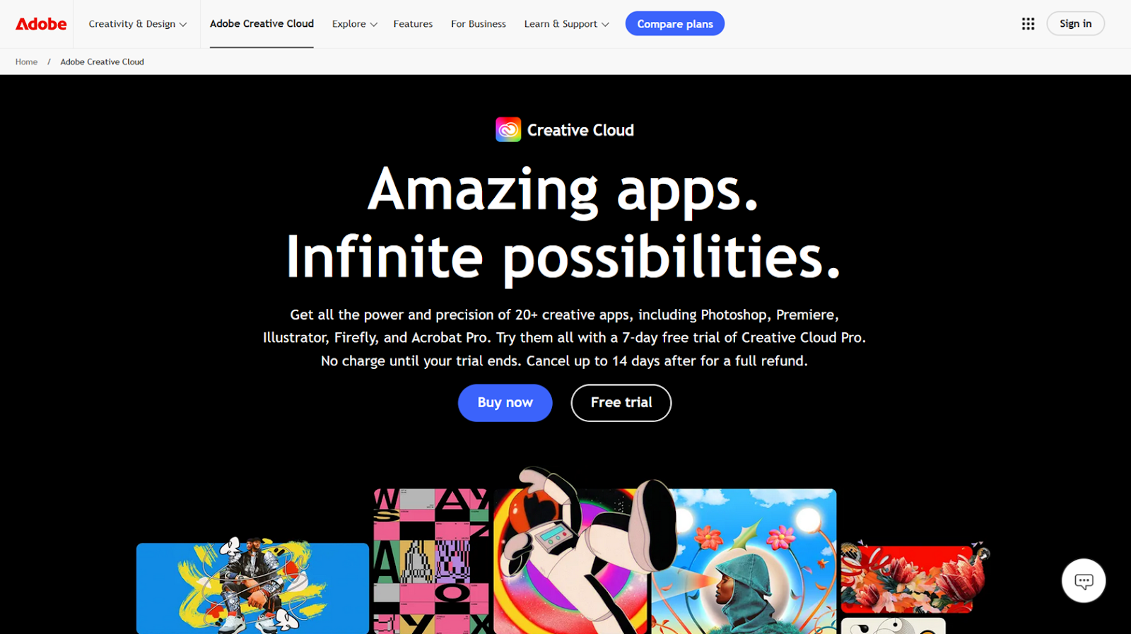Screenshot of the Adobe Creative Cloud homepage, featuring striking images created with Adobe apps and clickable buttons for "Buy now" and "Free trial