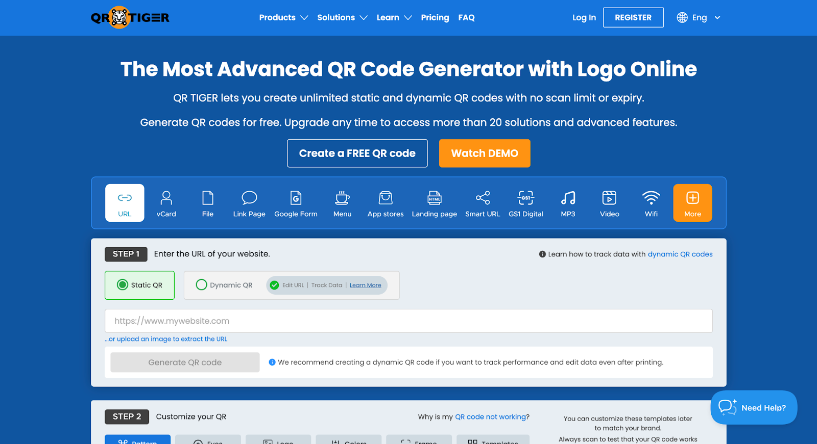 Screenshot of QR Tiger landing page